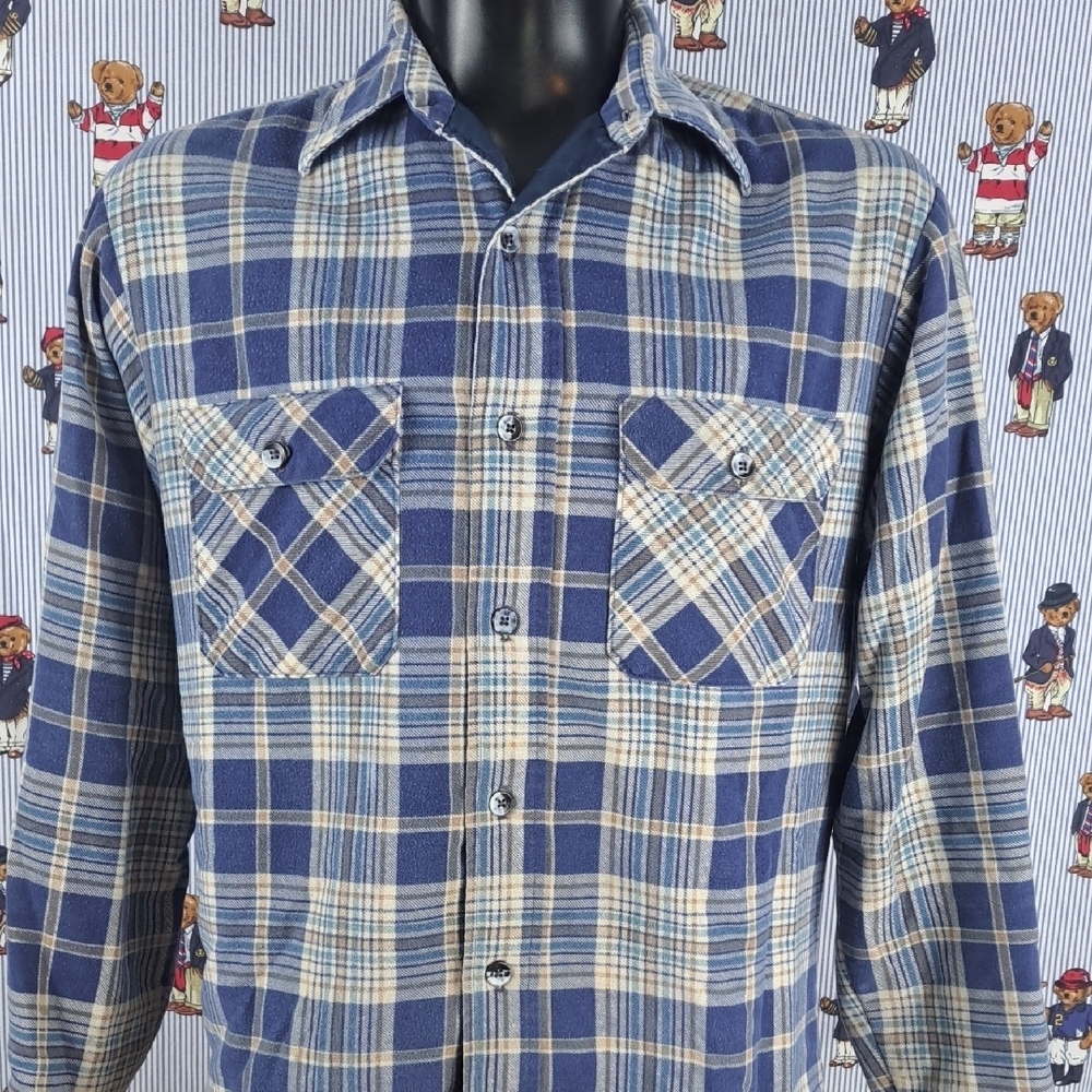 Vintage Fieldmaster Perma Prest blue & tan plaid lined flannel LG tall shacket